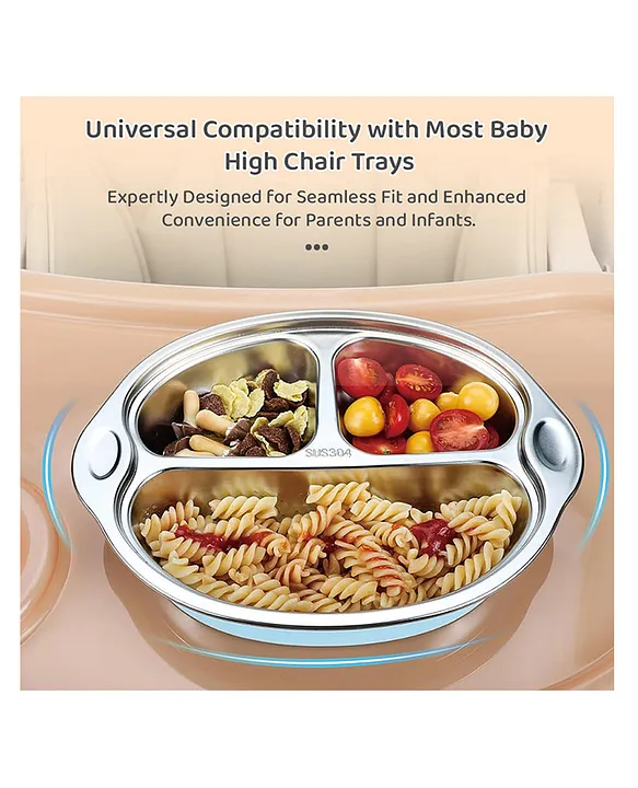 StarAndDaisy Stainless Steel Kids Dinner Plates with Three Compartments, bottom suction cups, Spill-Proof & Mess-Free Feeding for Babies Blue