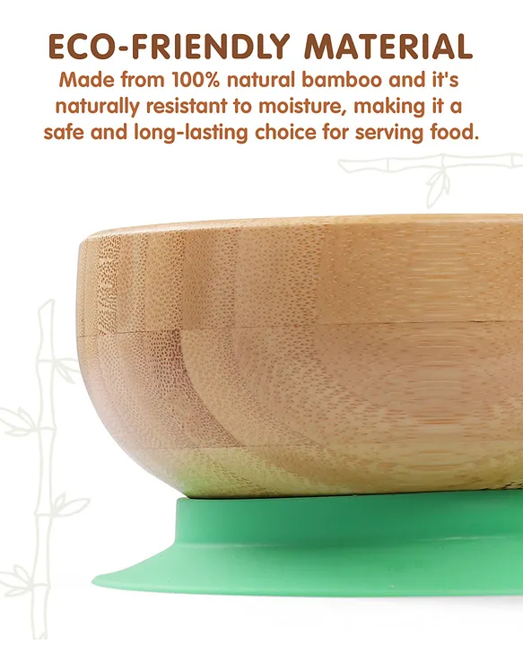 Fab N Funky Bamboo Wooden Round Bowl with Spoon & Suction Base - Green