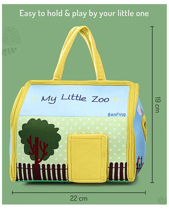 Bonfino Premium My Little Zoo House with Carry Handle| 7 Jungle Safari Plush Figurines Toys| Lion, Parrot, Crocodile, Elephant, Monkey, Giraffe, Zebra| Pretend Play| Education and Montessori Learning Toy| BIS Certified| Gifting Toy