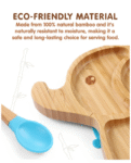 Fab N Funky Elephant Shaped Bamboo Wooden 3 Compartment Section Plate with Spoon Suction Base - Beige & Blue