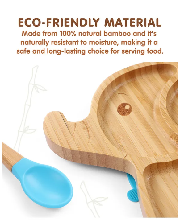 Fab N Funky Elephant Shaped Bamboo Wooden 3 Compartment Section Plate with Spoon Suction Base - Beige & Blue