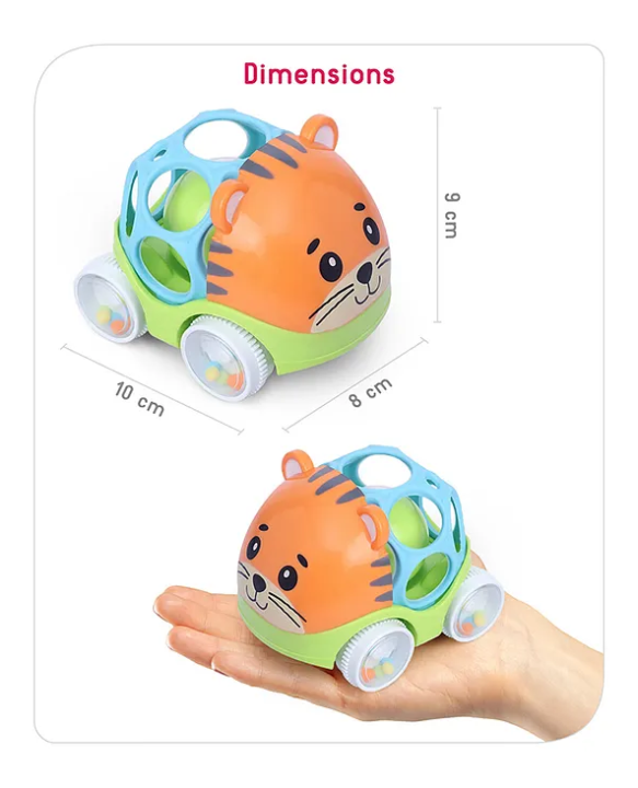 Babyhug Premium Tiger Free Wheel Car Cum Orange Rattle Toy| Fun, Flexible, and Soothing Rattle Toy for Kids Gifting Toy| Child Safe Material| Improves Motor Skills| Early Development Toys for 3+ Months| Non-Toxic| BIS Certified