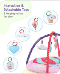 Babyhug Play Gym with Hanging Rattles|Elephant on Air Balloon Theme Soft Activity Play Mat Portable & Easy to Carry with Detachable Toys|2+ Months Motor Skill Development |Ideal for gifting|BIS