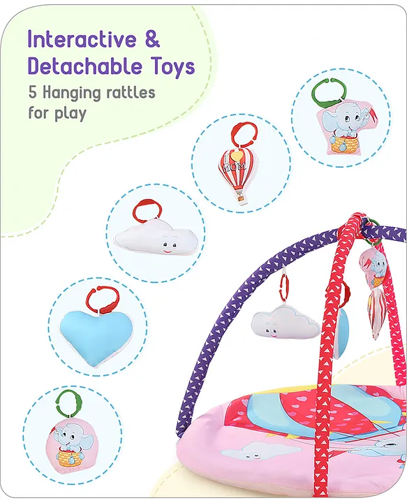 Babyhug Play Gym with Hanging Rattles|Elephant on Air Balloon Theme Soft Activity Play Mat Portable & Easy to Carry with Detachable Toys|2+ Months Motor Skill Development |Ideal for gifting|BIS