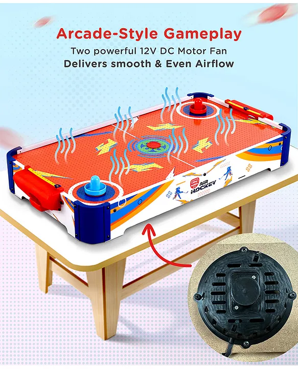 Play Nation Rechargeable Air Hockey I Real Air Flow with 2 Strikers, 2 Pucks Tabletop Game Indoor Fun Interactive Sports | BIS Certified