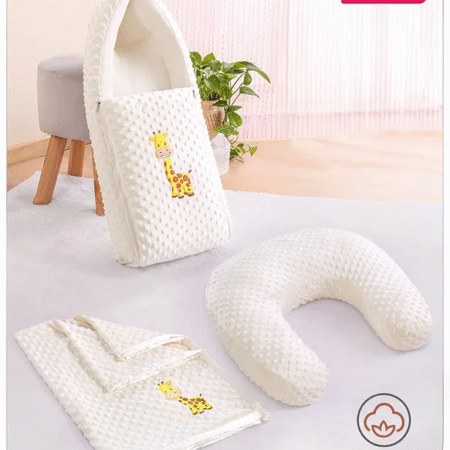 Babyhug Sleeping Bag Feeding Pillow & Blanket Combo Set with Giraffe Embroidery - White