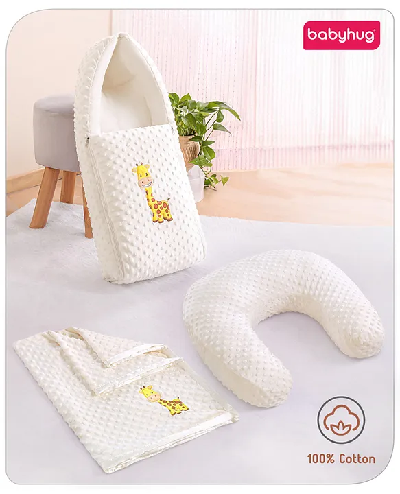 Babyhug Sleeping Bag Feeding Pillow & Blanket Combo Set with Giraffe Embroidery - White