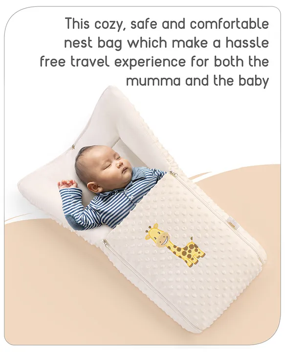 Babyhug Sleeping Bag Feeding Pillow & Blanket Combo Set with Giraffe Embroidery - White