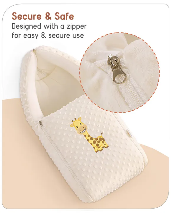 Babyhug Sleeping Bag Feeding Pillow & Blanket Combo Set with Giraffe Embroidery - White