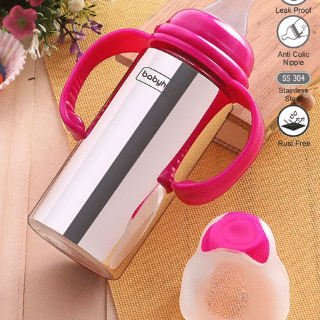 Babyhug Stainless Steel Feeding Bottle with Twin Handles, Pink  250ml