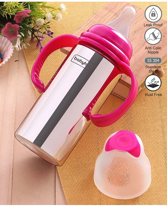 Babyhug Stainless Steel Feeding Bottle with Twin Handles, Pink 250ml