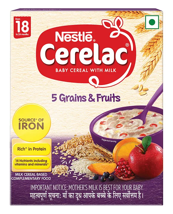 Nestle CERELAC 5 Grains & Fruits Baby Cereal, Whole Grain with Milk, 18-24 Months - 300g Box