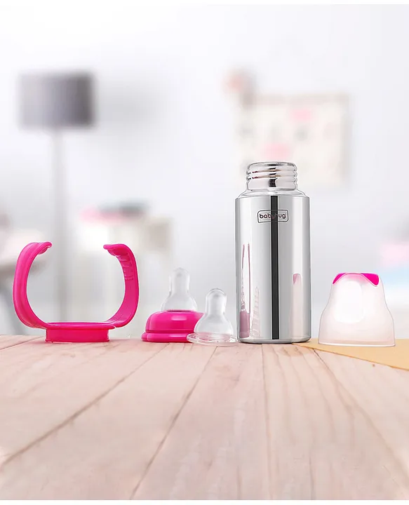 Babyhug Stainless Steel Feeding Bottle with Twin Handles, Pink 250ml