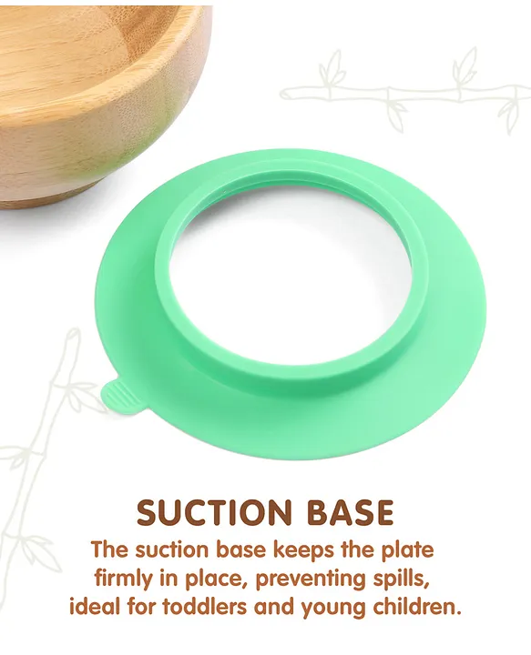 Fab N Funky Bamboo Wooden Round Bowl with Spoon & Suction Base - Green