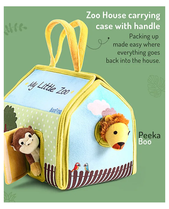 Bonfino Premium My Little Zoo House with Carry Handle| 7 Jungle Safari Plush Figurines Toys| Lion, Parrot, Crocodile, Elephant, Monkey, Giraffe, Zebra| Pretend Play| Education and Montessori Learning Toy| BIS Certified| Gifting Toy