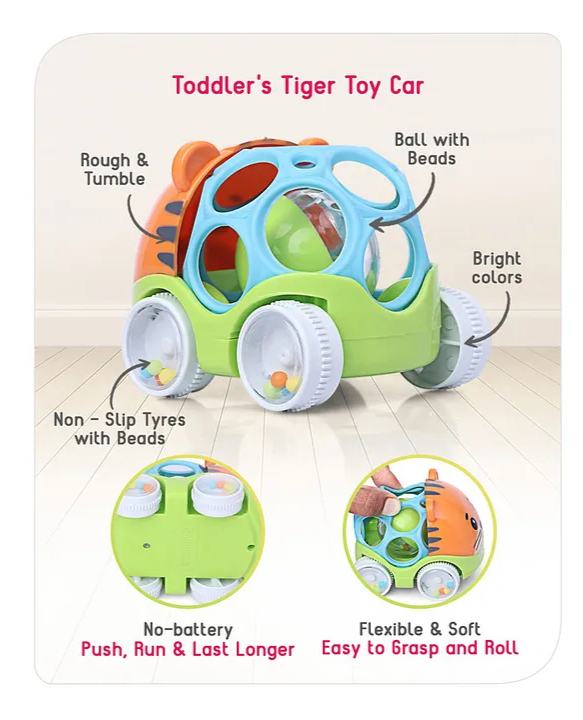 Babyhug Premium Tiger Free Wheel Car Cum Orange Rattle Toy| Fun, Flexible, and Soothing Rattle Toy for Kids Gifting Toy| Child Safe Material| Improves Motor Skills| Early Development Toys for 3+ Months| Non-Toxic| BIS Certified