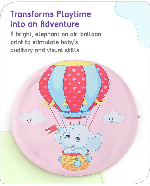 Babyhug Play Gym with Hanging Rattles|Elephant on Air Balloon Theme Soft Activity Play Mat Portable & Easy to Carry with Detachable Toys|2+ Months Motor Skill Development |Ideal for gifting|BIS