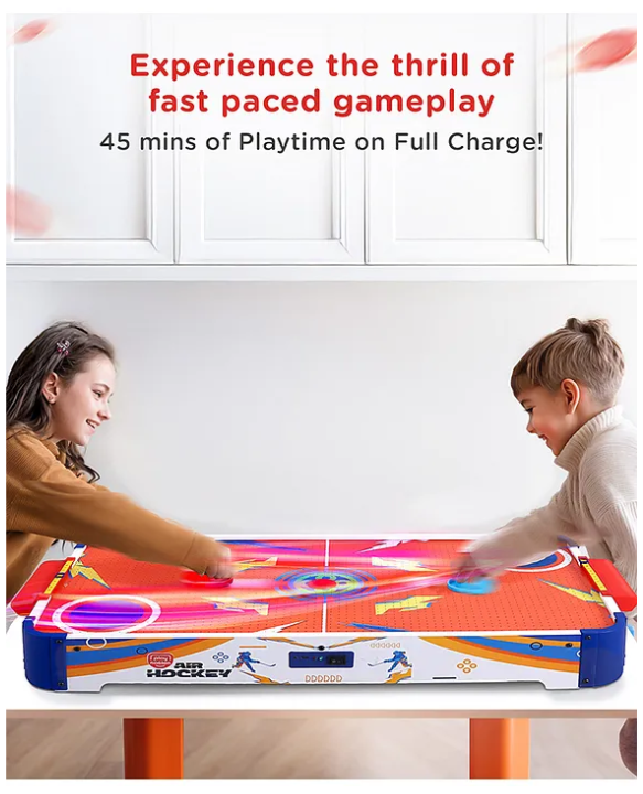 Play Nation Rechargeable Air Hockey I Real Air Flow with 2 Strikers, 2 Pucks Tabletop Game Indoor Fun Interactive Sports | BIS Certified