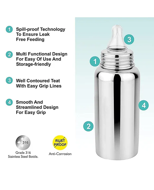 AEREX Stainless Steel Baby Feeding Bottle for Milk with Cleaning Brush