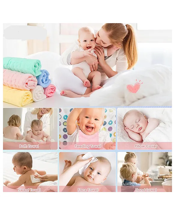 Little Boo Muslin 6 Layer Cotton Face Towels for Newborn Baby Extra Soft Hankies Reusable Napkins f (Pack of 5). Multicolor