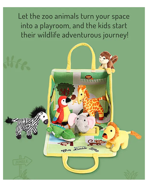 Bonfino Premium My Little Zoo House with Carry Handle| 7 Jungle Safari Plush Figurines Toys| Lion, Parrot, Crocodile, Elephant, Monkey, Giraffe, Zebra| Pretend Play| Education and Montessori Learning Toy| BIS Certified| Gifting Toy