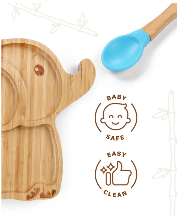 Fab N Funky Elephant Shaped Bamboo Wooden 3 Compartment Section Plate with Spoon Suction Base - Beige & Blue