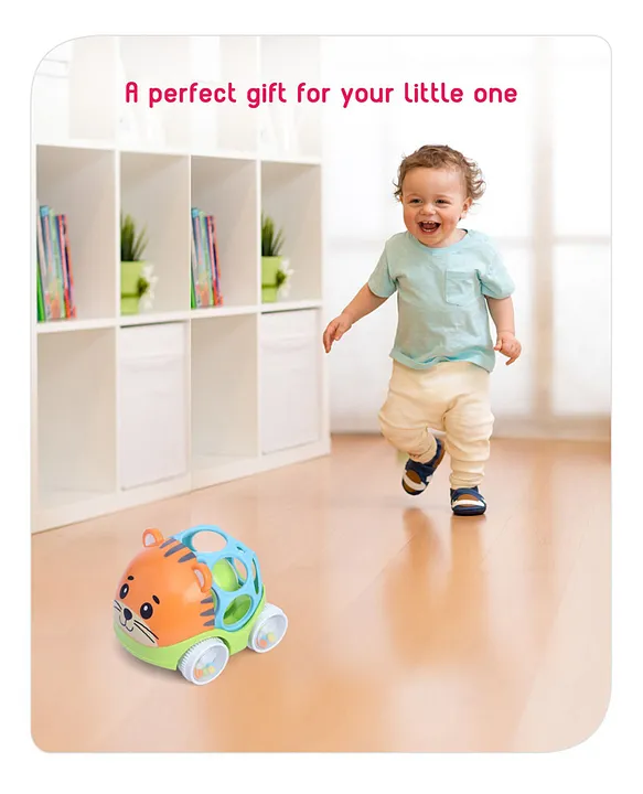 Babyhug Premium Tiger Free Wheel Car Cum Orange Rattle Toy| Fun, Flexible, and Soothing Rattle Toy for Kids Gifting Toy| Child Safe Material| Improves Motor Skills| Early Development Toys for 3+ Months| Non-Toxic| BIS Certified