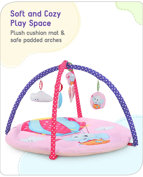 Babyhug Play Gym with Hanging Rattles|Elephant on Air Balloon Theme Soft Activity Play Mat Portable & Easy to Carry with Detachable Toys|2+ Months Motor Skill Development |Ideal for gifting|BIS
