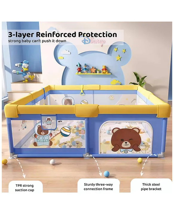 StarAndDaisy 'We Care' Playpen for Baby Portable and Play Yard for Kids with Teddy Bear Print Blue 120cm x 120cm