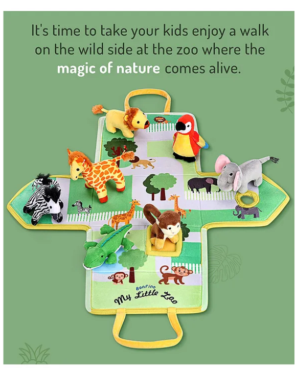Bonfino Premium My Little Zoo House with Carry Handle| 7 Jungle Safari Plush Figurines Toys| Lion, Parrot, Crocodile, Elephant, Monkey, Giraffe, Zebra| Pretend Play| Education and Montessori Learning Toy| BIS Certified| Gifting Toy