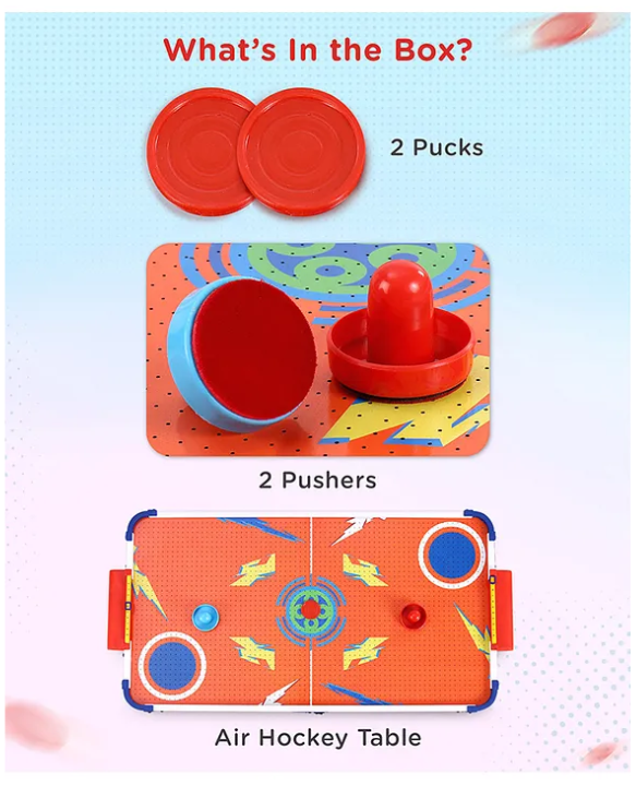 Play Nation Rechargeable Air Hockey I Real Air Flow with 2 Strikers, 2 Pucks Tabletop Game Indoor Fun Interactive Sports | BIS Certified