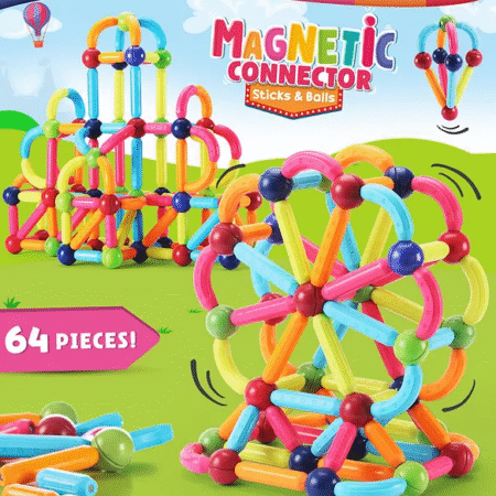 Intelliskills Premium 64 Pieces Magnetic Building Sticks & Balls Toy | Activity & Education Blocks | Montessori Learning & Construction | Unlimited Play | Non-Toxic