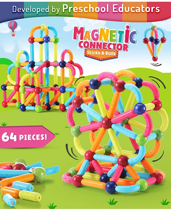 Intelliskills Premium 64 Pieces Magnetic Building Sticks & Balls Toy | Activity & Education Blocks | Montessori Learning & Construction | Unlimited Play | Non-Toxic