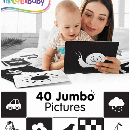 Intellibaby Large High Contrast Premium B&W Flash Cards|40 B&W Visuals|Non Toxic|Anti Glare|Tummy Time Play|Visual Stimulation|Paediatrician Approved