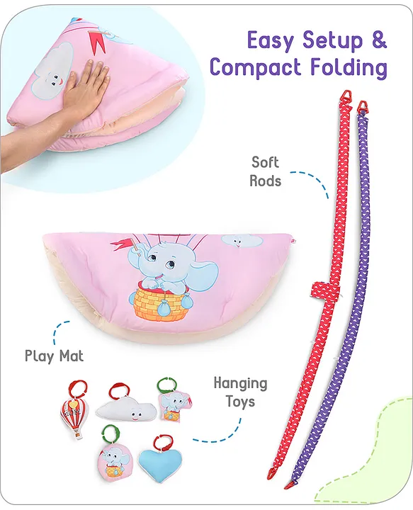 Babyhug Play Gym with Hanging Rattles|Elephant on Air Balloon Theme Soft Activity Play Mat Portable & Easy to Carry with Detachable Toys|2+ Months Motor Skill Development |Ideal for gifting|BIS