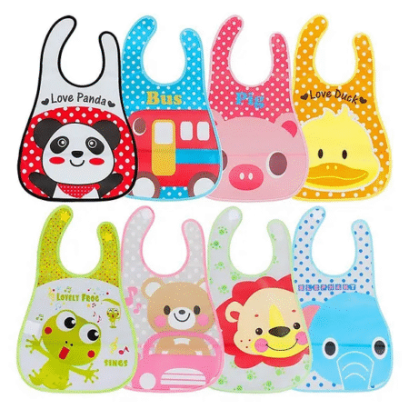 Adore Baby Plastic Bib/ Waterproof Quick Dry Sleeveless Printed Bibs Apron- Pack of 8 - Multicolor/ Multiprinted