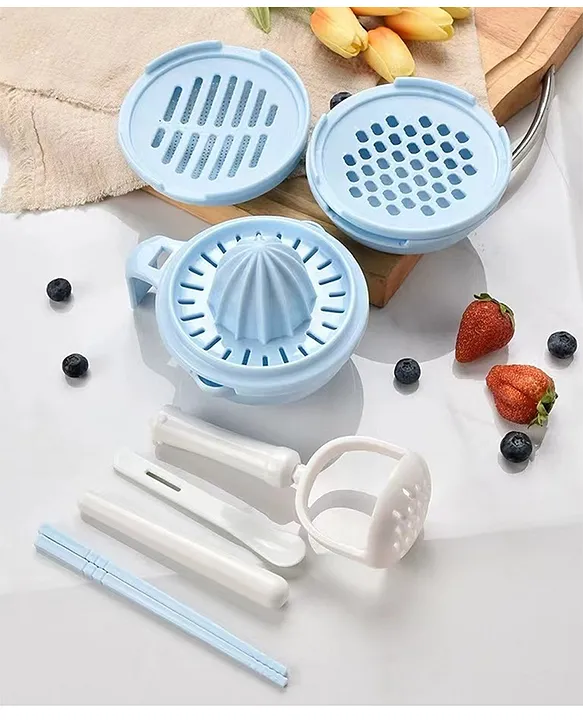 Fab N Funky 9 In 1 Multi functional Mash And Serving Bowl With Spoon And Masher - Blue