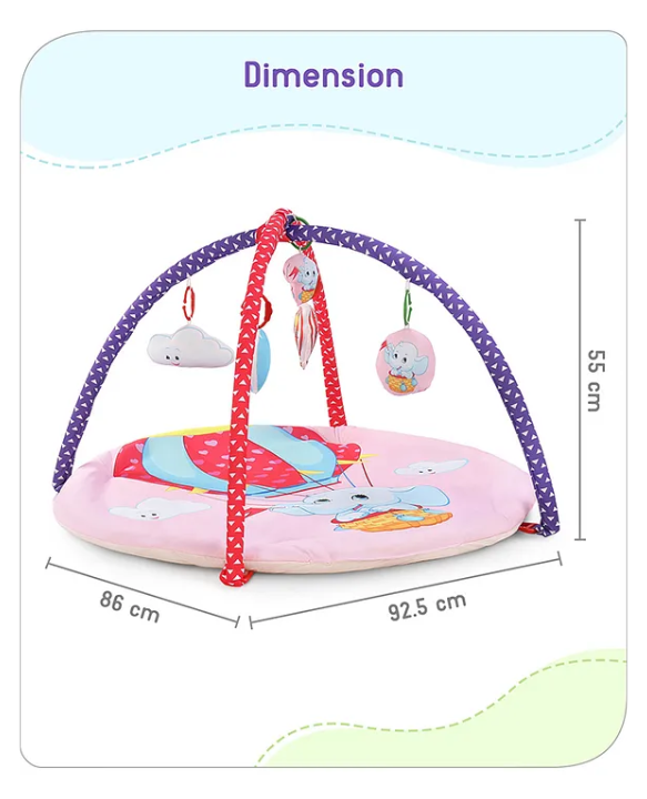 Babyhug Play Gym with Hanging Rattles|Elephant on Air Balloon Theme Soft Activity Play Mat Portable & Easy to Carry with Detachable Toys|2+ Months Motor Skill Development |Ideal for gifting|BIS