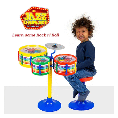 Ratnas Ratans Jazz Drum Set Senior Musical Band Instrument with 3 Drums, 1 Dish, 1 Stool & Sticks for Kids, Great Gift Toy for Kids (Assorted Colors & Designs)