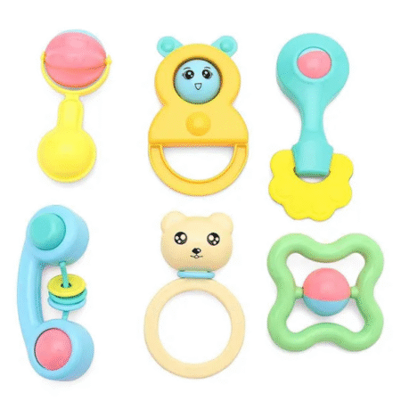 Baby hug Cute Animal Shaped Baby Rattle Set Newborn Sensory Toys for Grasping Visual Stimulation & Motor Skill Development Bright Colors, Lightweight & Easy to Hold|3+Months|Ideal for Gifting|BIS|6Pcs
