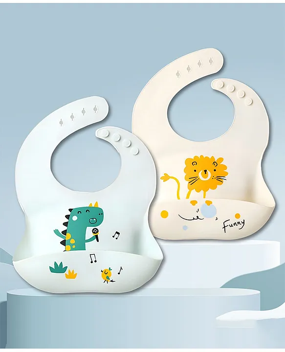Fab N Funky Bib With Dino and Lion Print- Light Blue and Light Pink