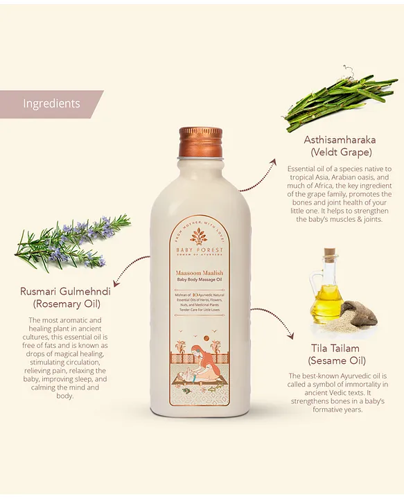 BABY FOREST Maasoom Maalish Baby Body Massage Oil enriched with Veldt Grape Rujamari Til oil Derma safe - 200 ml