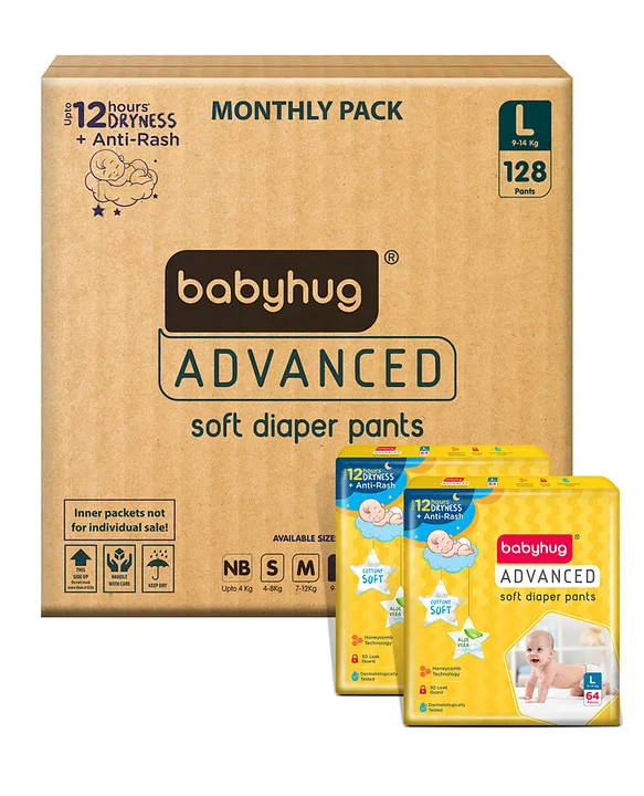 Babyhug Advanced Pant Style Diapers Large (L) Size Monthly Box Pack - 128 Pieces