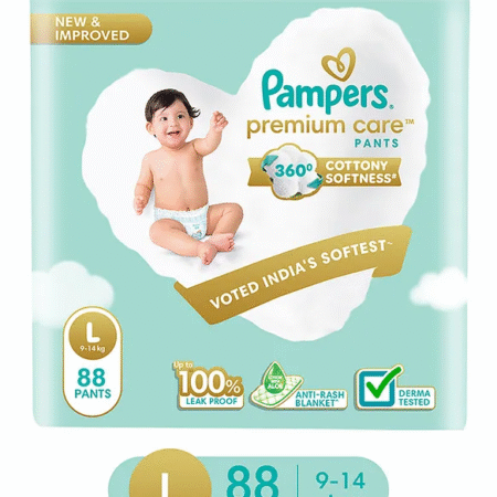 Pampers Premium Care Pants, Large size baby diapers (L), 88 Count, Softest ever pants