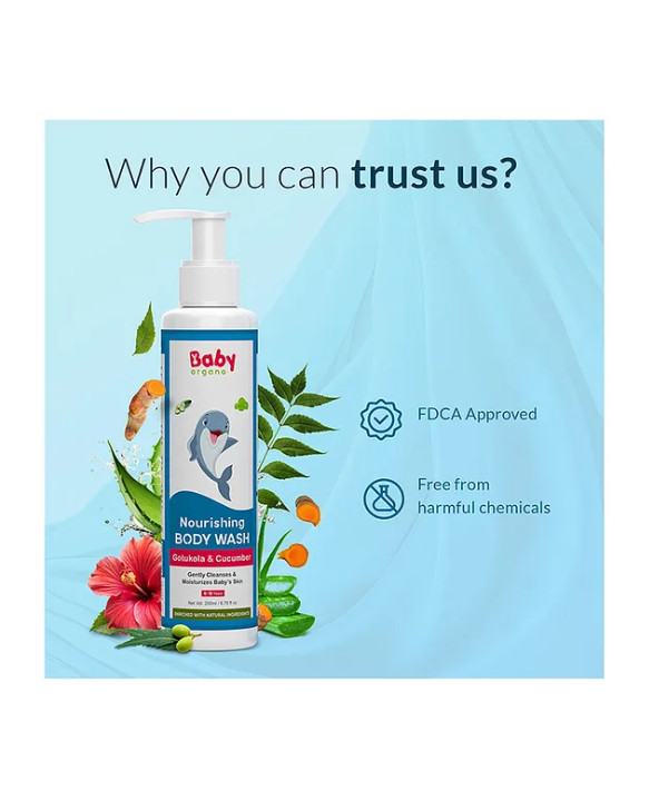BabyOrgano Mild & Gentle Baby Body Wash for Moisturize Skin with Aloevera & Hibiscus Pack 2 - 200 ml Each