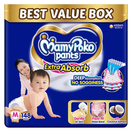 MamyPoko Pants Extra Absorb Baby Diapers, Medium (M size) | 7-12 kg | 148 Count |Deep Sleep Diapers| Soft gentle fit |Deep Absorbent Crisscross | skin friendly with coconut oil |