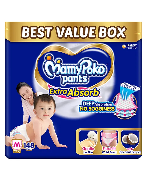 MamyPoko Pants Extra Absorb Baby Diapers, Medium (M size) | 7-12 kg | 148 Count |Deep Sleep Diapers| Soft gentle fit |Deep Absorbent Crisscross | skin friendly with coconut oil |