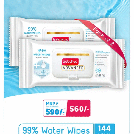 Babyhug Advanced 99% Pure Water Unscented Baby Wipes Pack of 2 - 72 Pieces Each