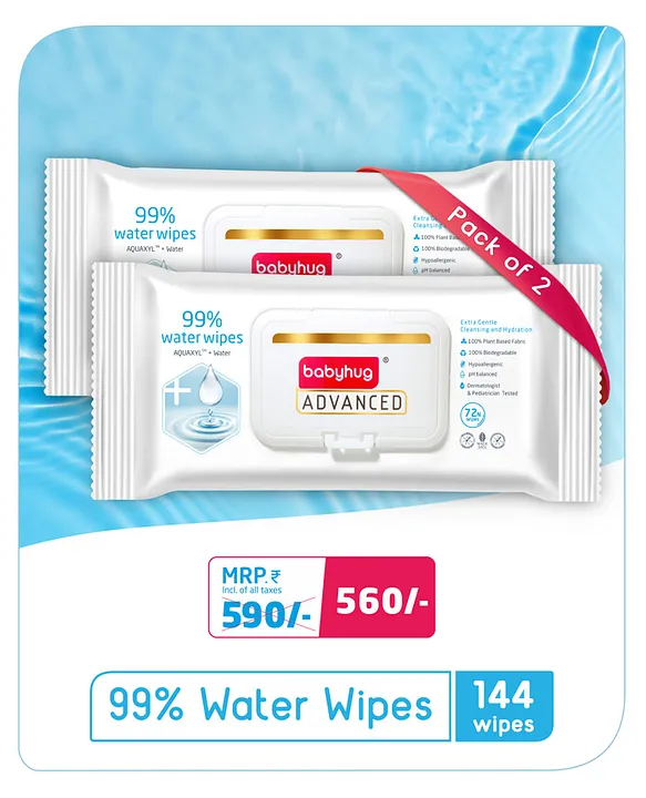 Babyhug Advanced 99% Pure Water Unscented Baby Wipes Pack of 2 - 72 Pieces Each