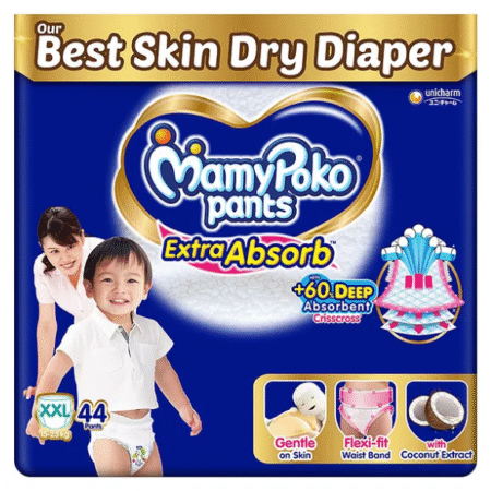 MamyPoko Pants Extra Absorb Baby Diapers, Extra Extra Large (XXL size) | 15-25 kg | 44 Count |Deep Sleep Diapers| Soft gentle fit |Deep Absorbent Crisscross | skin friendly with coconut oil |